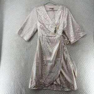 Savanna Jane Wrap‎ Dress Champagne Leopard Print Satin Kimono Sleeve NWT Large